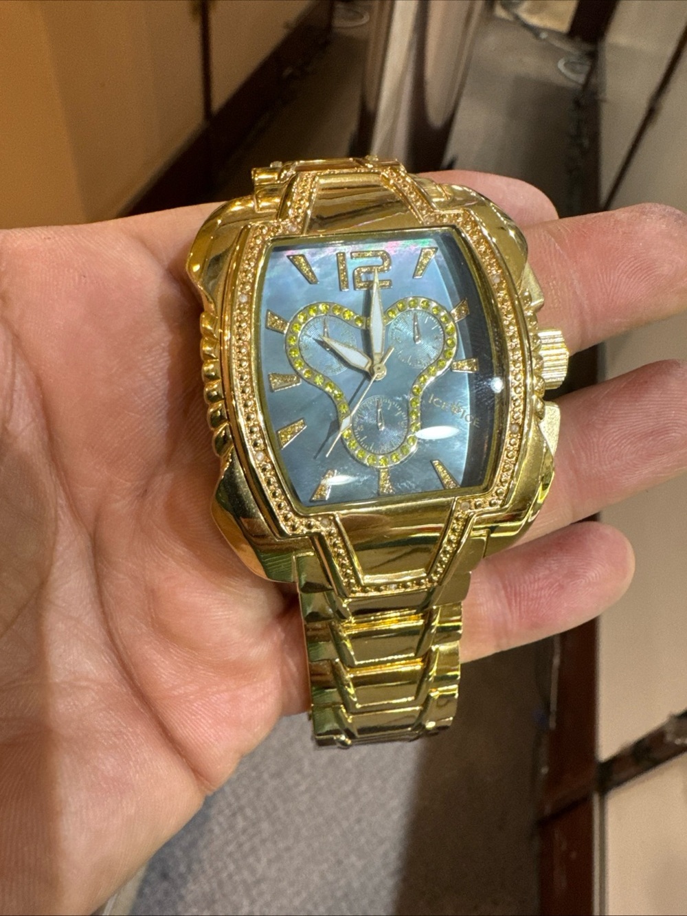 Ice Ice Gold Tone Diamond Watch Tonneau Case Not Working Double Push Clasp